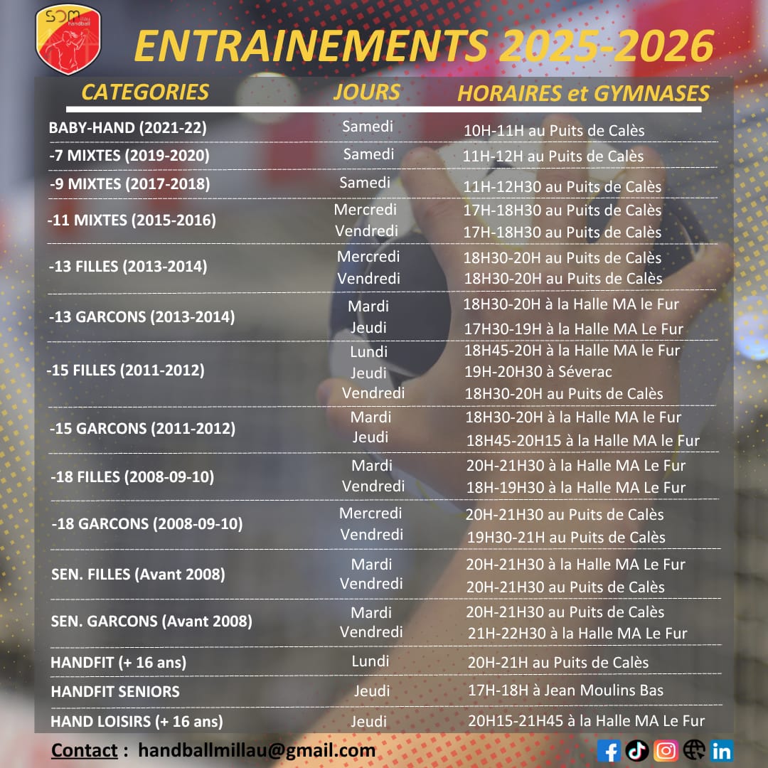 Planning des entraînements